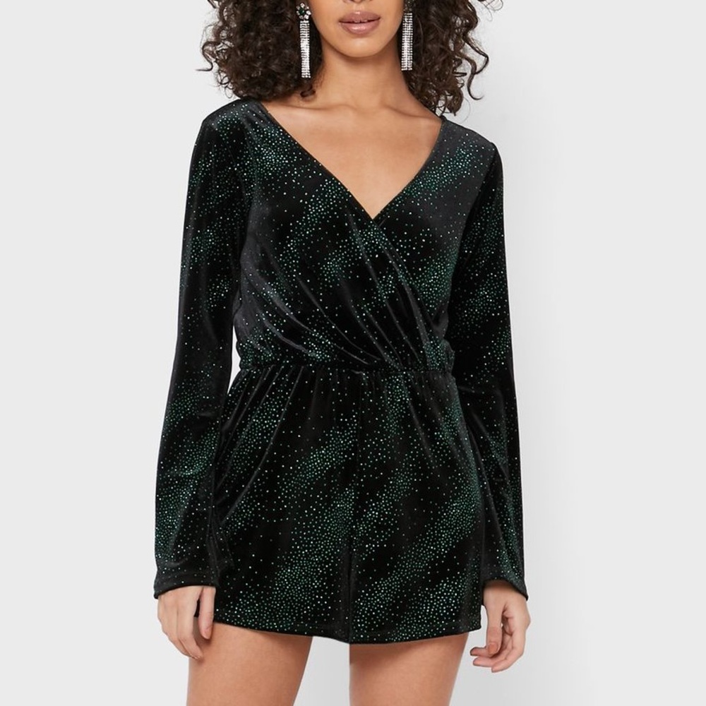 TOPSHOP Glitter Green Velvet Short Romper